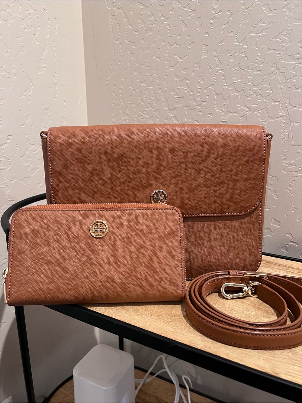 Tory Burch Leather Crossbody Bag and Zip Wallet in Saddle Tan
